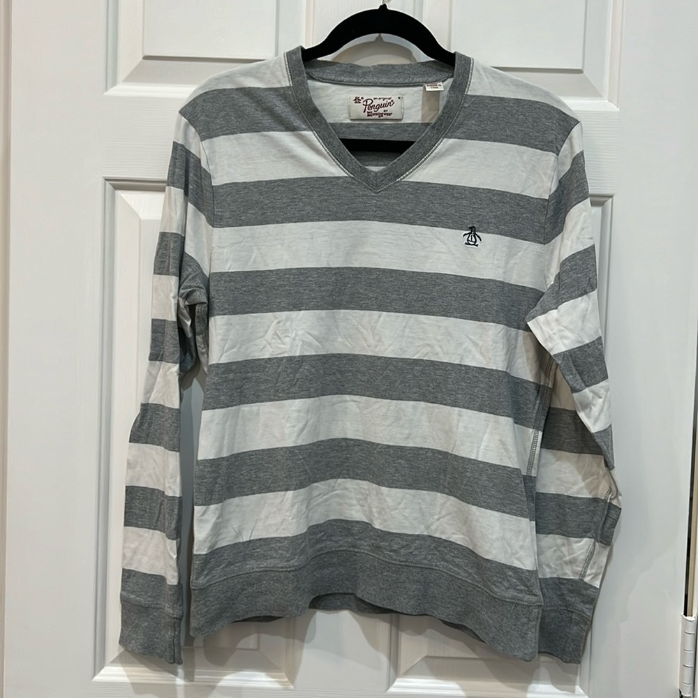 Original Penguin Long Sleeve Striped V-Neck Pullover Size M